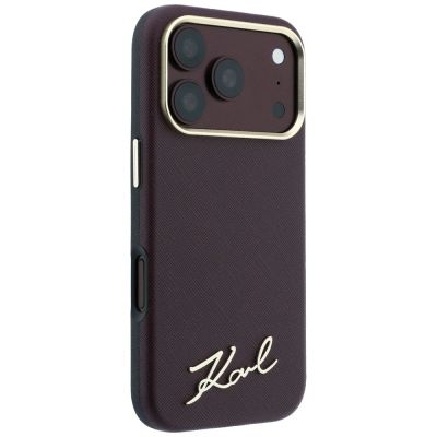 4. Karl Lagerfeld Saffiano Small Script Metal Logo MagSafe Case for iPhone 17 Pro Max / 18 Pro Max - Burgundy