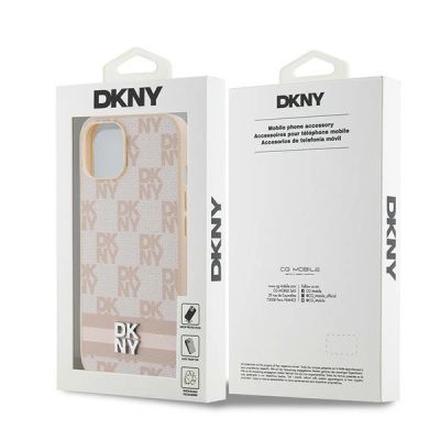 12. DKNY Leather Checkered Mono Pattern & Printed Stripes case for iPhone 15 / 14 / 13 - pink