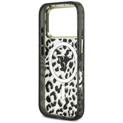 7. Guess IML Leopard Glitter Triangle Logo MagSafe Case for iPhone 17 Pro / 18 Pro - Black
