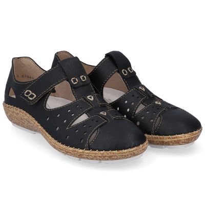 3. Women's leather openwork shoes, comfortable, with Velcro, black, Rieker 44852-14