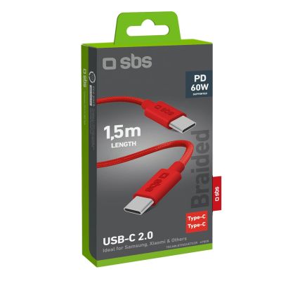 2. SBS TECABLETISSUETCCR USB-C - USB-C 1.5m 60W Braided Cable - Red