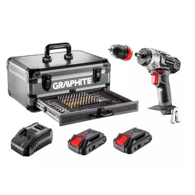 Graphite Energy+ set in an aluminum case: drill/driver with removable handle, 2 x 2.0Ah batteries, charger and 109 accessories