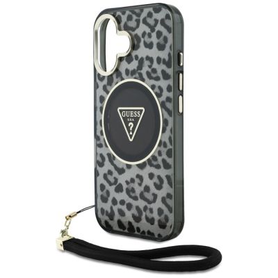 5. Guess HC IML Leopard Triangle Cord Strap MagSafe case for iPhone 16 - black