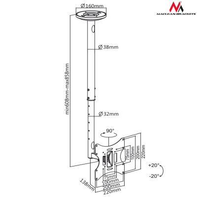 3. Maclean MC-504B TV Ceiling Mount (Swivel, Ceiling, Tilt; 23" - 42"; Max. 30kg)