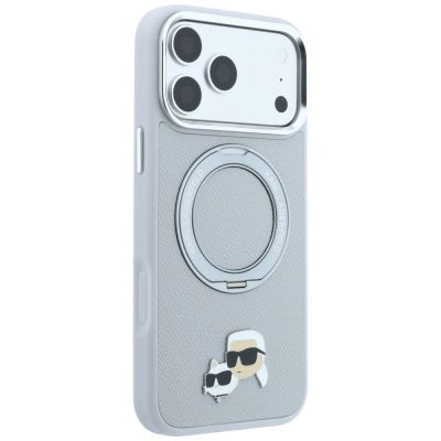 4. Karl Lagerfeld with Ring Stand 360 Karl & Choupette Heads Pin MagSafe Case for iPhone 18 Pro / 17 Pro - Gray