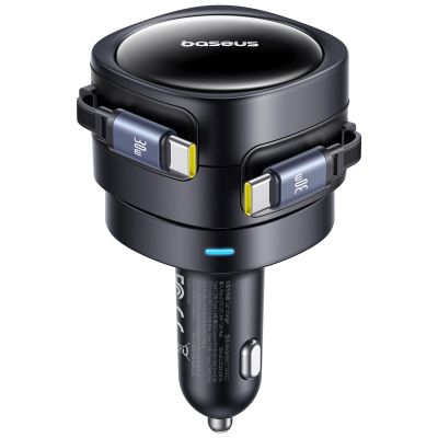2. Baseus Enjoyment Max 60W Car Charger with Two Retractable USB-C Cables - Black