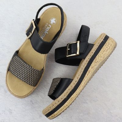 3. Women's leather wedge sandals with Velcro straps, black Rieker V0951