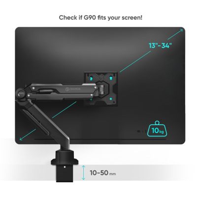 9. ONKRON G90-B Tilt and swivel desk mount for 13"-34" monitors, max 10 kg, with rotation, black