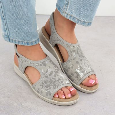 6. Women's elastic high heel sandals with floral pattern, gray Unisoft 7196