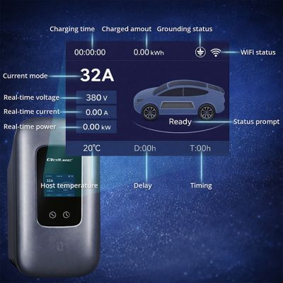 8. Qoltec EV Charging Station Type 2 for Electric and Hybrid Vehicles | 3 Phases | 22 kW | 32 A | Wi-Fi | LCD | RFID | Smart Life | TUYA | Wallbox | 5 m
