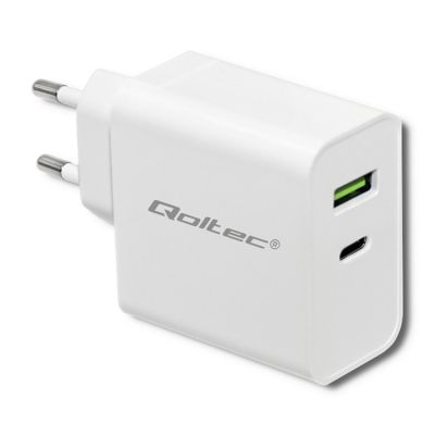 QOLTEC WALL CHARGER 45W | 5-20V | 2.4-3A | USB TYPE C PD | USB | WHITE