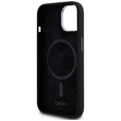 7. DKNY Liquid Silicone Small Metal Logo MagSafe Case for iPhone 14/15/13 - Black