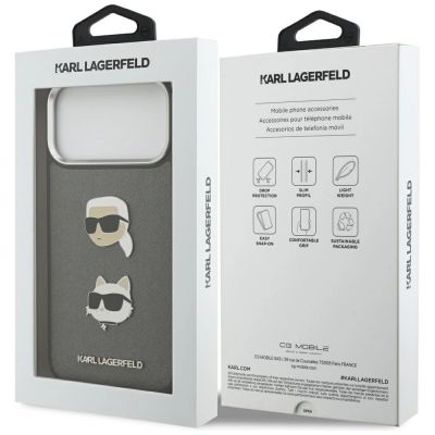 8. Karl Lagerfeld FW Grained Karl & Choupette Heads Pins & Logo iPhone 17 Pro Max Case - Gray