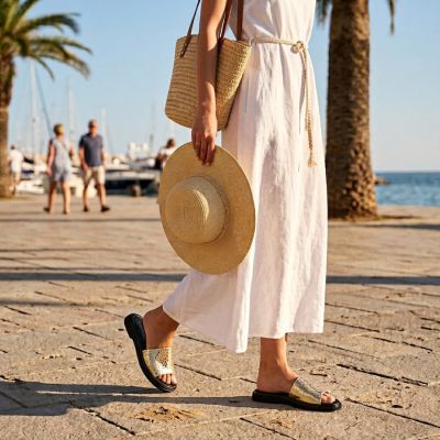 5. Women's gold leather flip-flops Vinceza 66914