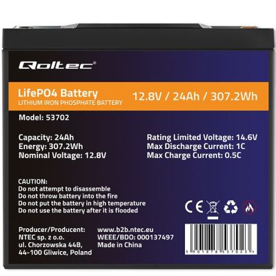5. QOLTEC LIFEPO4 LITHIUM IRON PHOSPHATE BATTERY | 12.8V | 24AH | 307.2WH | BMS