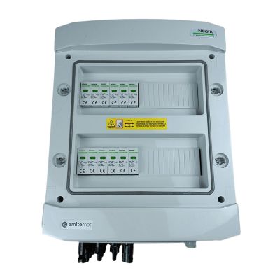 Hermetic IP65 EMITER DC connection switchboard with Noark 1000V type 2 DC surge arrester, 4x PV string, 4x MPPT
