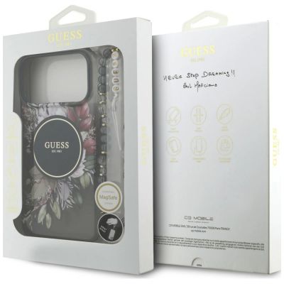 8. Guess IML Flowers Pearl Strap MagSafe Case for iPhone 18 Pro Max / 17 Pro Max – Black