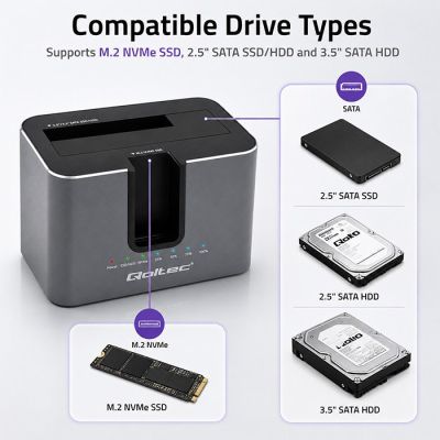 3. Qoltec 52631 HDD SSD Docking Station | SATA | M.2 NVMe | Cloning | USB-C | 10Gb/s | 28TB