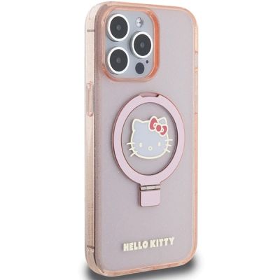 4. Hello Kitty Ring Stand Glitter Electrop Logo MagSafe Case for iPhone 15 Pro Max - Pink