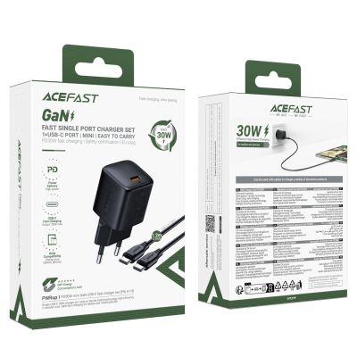 9. Acefast A118 30W GaN USB-C Wall Charger with USB-C - USB-C Cable 1.2m - Black
