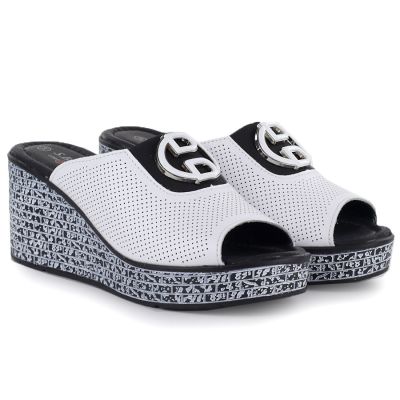 4. Women's leather wedge sandals, white, S.Barski 7012