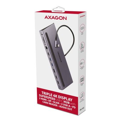 10. Axagon HMC-4KX3 Wired Docking Station USB 3.2 Gen 1 (3.1 Gen 1) Type-C Gray
