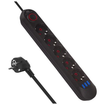 MACLEAN POWER STRIP, EXTENSION CORD, 5 OUTLETS + 3XUSB, 110-240V AC 50/60HZ, 2.1A MAX 2500W, 1.5M, BLACK MCE395 B