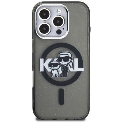 3. Karl Lagerfeld IML Glitter Karl & Choupette Sketch Logo MagSafe Case for iPhone 16 Pro - Black
