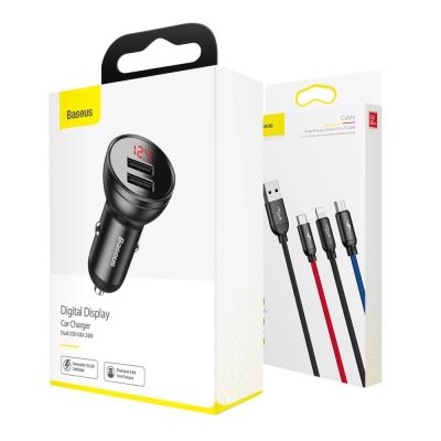 17. Baseus 2x USB 4.8A 24W car charger with LCD + 3in1 cable USB - USB Type C / micro USB / Lightning 1.2m black (TZCCBX-0G)