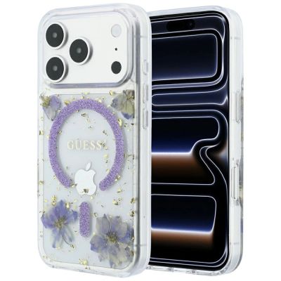 Guess Resin Flowers Glitter MagSafe Case for iPhone 18 Pro Max / 17 Pro Max - Purple
