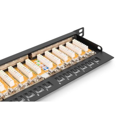 10. High density patch panel 19'' 24x RJ45, LSA level, cat.6, shielded, 0.5U, black, cable guide