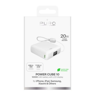 2. Puro 10000mAh 20W USB-C USB-A Power Bank with Display and Built-in USB-C Cable - White