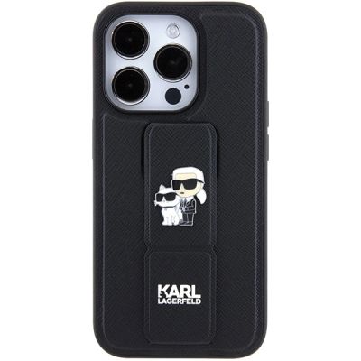 4. Karl Lagerfeld Gripstand Saffiano Karl&Choupette Pins case for iPhone 15 Pro - black