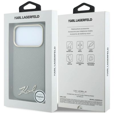 8. Karl Lagerfeld Saffiano Small Script Metal Logo MagSafe Case for iPhone 17 Pro Max / 18 Pro Max - Beige
