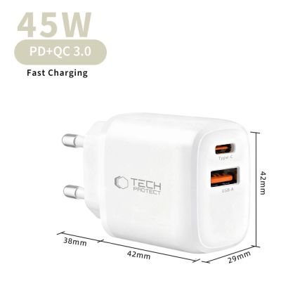 6. Tech-Protect NCA45W-GAN 2-Port USB-C / USB-A 45W Wall Charger - White