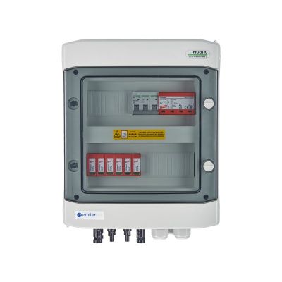 DCAC hermetic IP65 EMITER connection box with Dehn 1000V DC surge arrester type 2, 2 x PV string, 2 x MPPT // Dehn AC limiter type 1+2, 10A 3-F