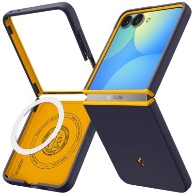 2. Spigen Nano Pop MagSafe Case for Samsung Galaxy Z Flip 8 - Navy Blue and Yellow