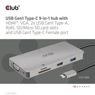 16. CLUB3D CSV-1594 USB 3.2 Gen 1 (3.1 Gen 1) Type-C Docking Station Black, Gray