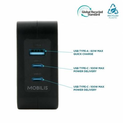 3. Mobilis Charger 100W 2USB C 1USBA GaN cable 100W Laptop, Smartphone, Tablet Black Alternating Current Internal