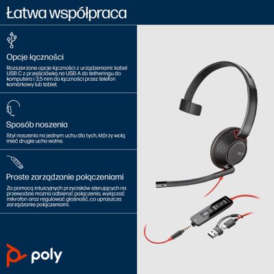 54. POLY Blackwire 5210 Single-Ear USB-C Headset + 3.5mm Plug + USB-C/A Adapter