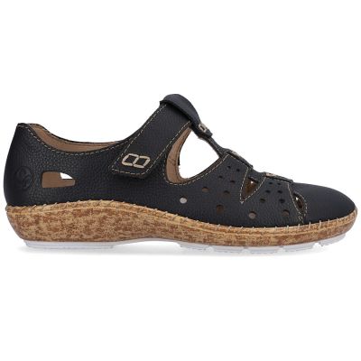 2. Women's leather openwork shoes, comfortable, with Velcro, black, Rieker 44852-14