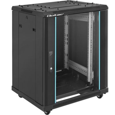 Qoltec 19" RACK Cabinet | 15U | 600 x 855 x 600 | Hardened doors | Standing | Legs + Casters | Steel housing | Lock