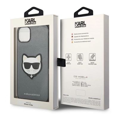 8. Karl Lagerfeld Saffiano Choupette Head Patch case for iPhone 14 - silver