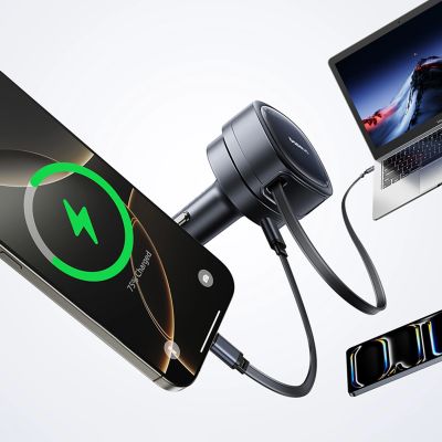 7. Baseus PrimeTrip VR1 60W USB-A USB-C Car Charger with Retractable USB-C Cable - Black
