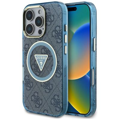 Guess IML Metal Glitter 4G Circle Triangle MagSafe Case for iPhone 16 Pro - Blue