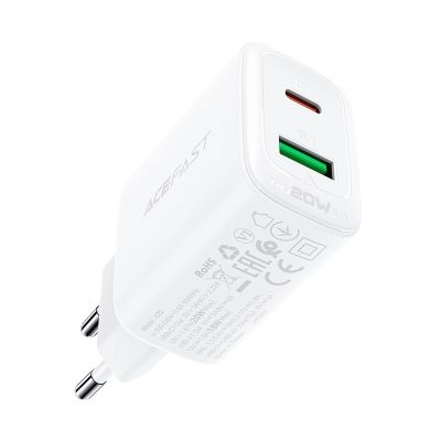 4. Acefast wall charger USB Type C / USB 20W, PPS, PD, QC 3.0, AFC, FCP white (A25 white)