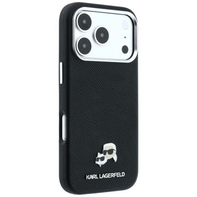4. Karl Lagerfeld Grained Heads Metal MagSafe Case for iPhone 17 Pro Max / 18 Pro Max - Black