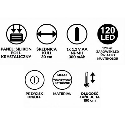 10. SOLAR HANGING LAMP BALL 30CM 120 LED MULTICOLOR