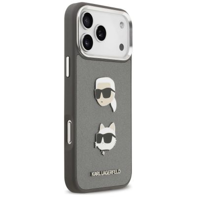 4. Karl Lagerfeld FW Grained Karl & Choupette Heads Pins & Logo iPhone 17 Pro Max Case - Gray