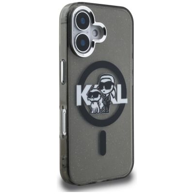 4. Karl Lagerfeld IML Glitter Karl & Choupette Sketch Logo MagSafe Case for iPhone 16 - Black